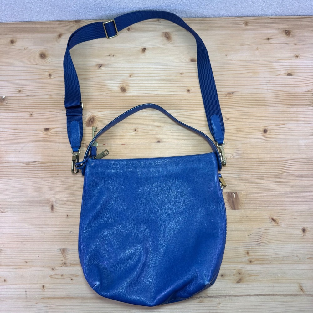 Fossil Blue Leather Crossbody Shoulder Bag Brass Key Charm Adjustable Strap
